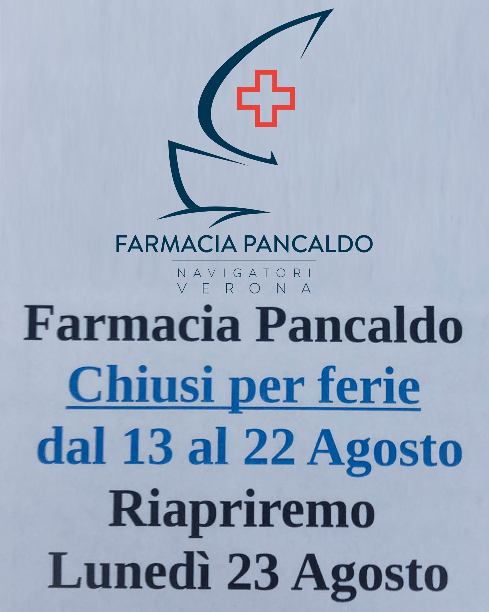 Si avvisa che Farmacia Pancaldo chiude per ferie dal 13 al 22 agosto. Si riapre lunedì 23 agosto.