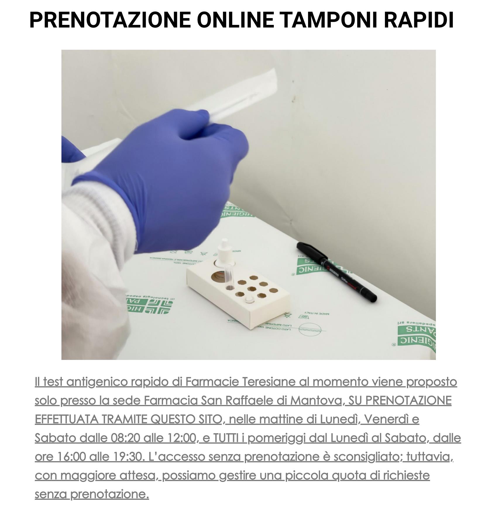 PRENOTAZIONI ONLINE TAMPONI RAPIDI