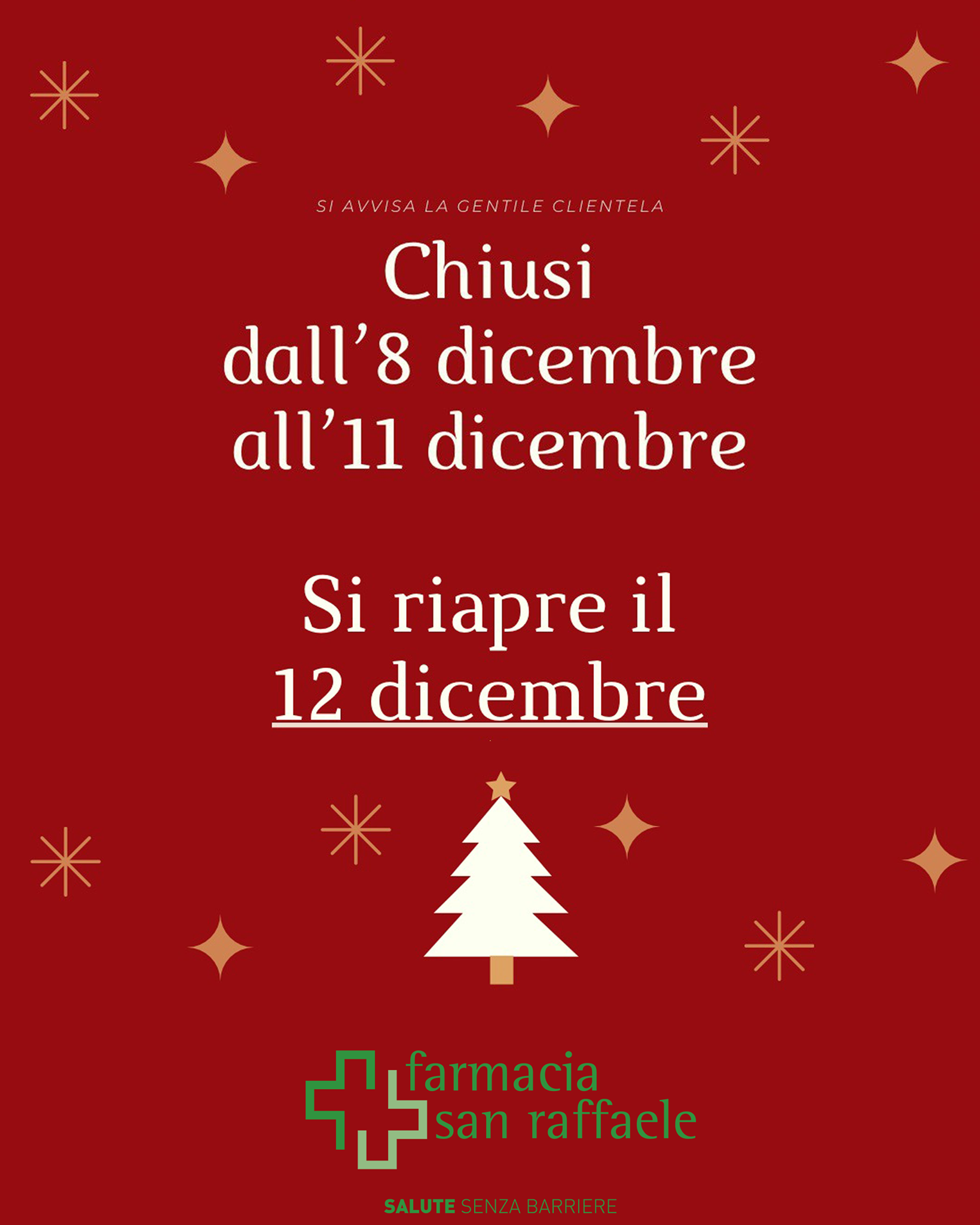 Chiusura farmacia San Raffaele dall’8 all’11 dicembre