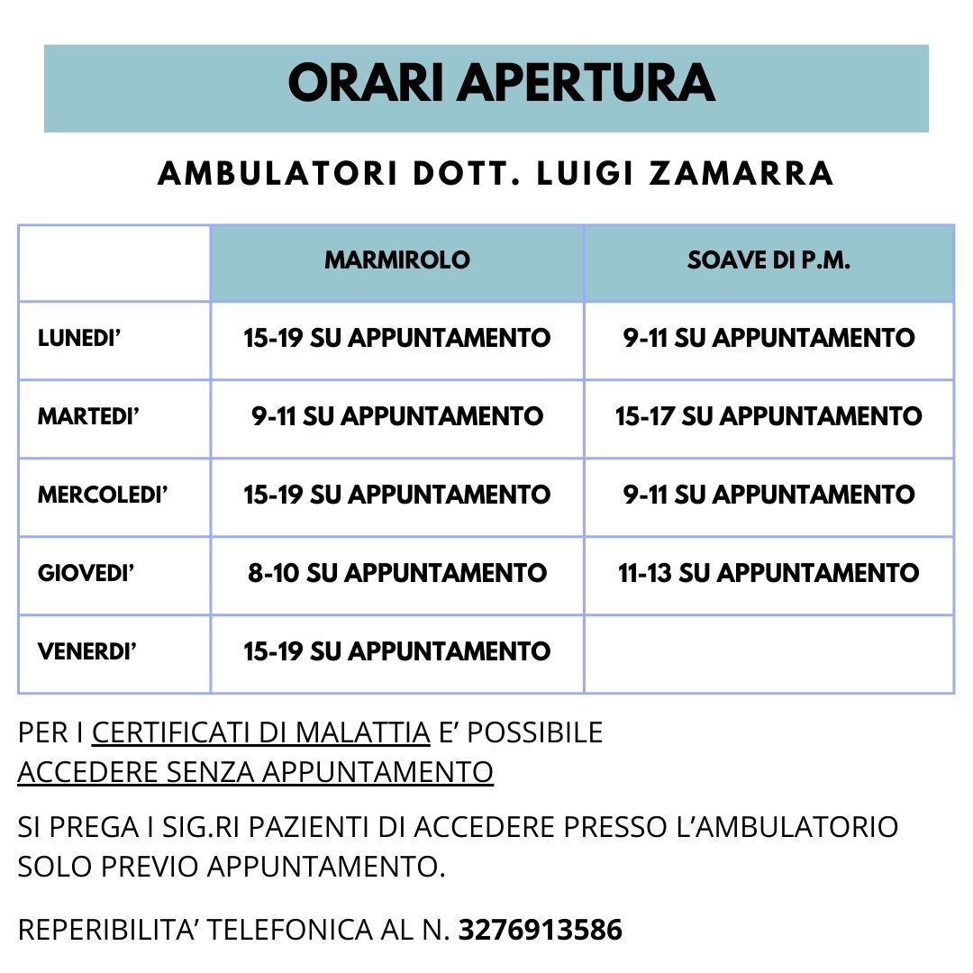 Nuovi orari apertura ambulatori Dott. Zamarra